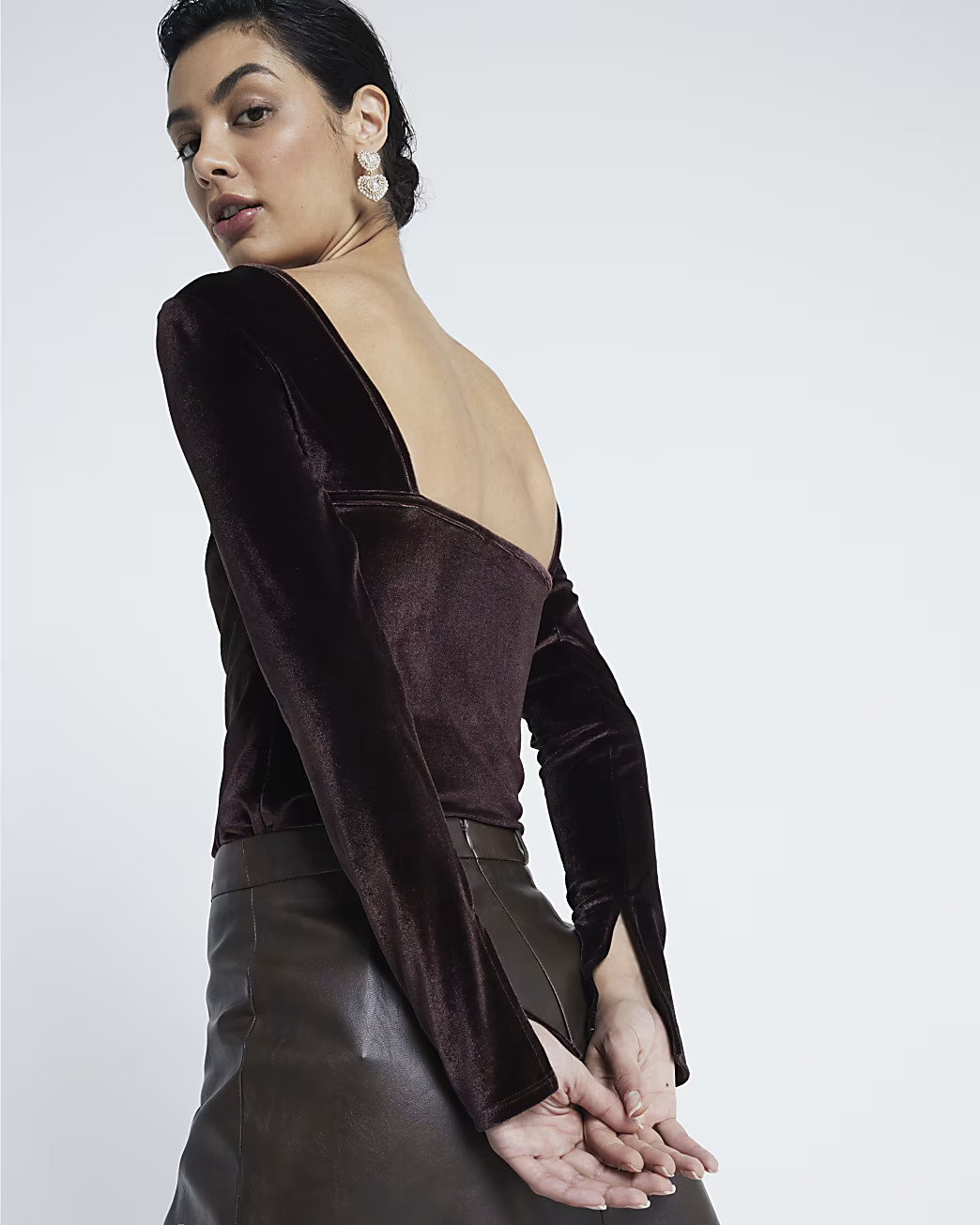 Brown Long Sleeved Velvet Scoop Back Top | River Island (UK & IE)