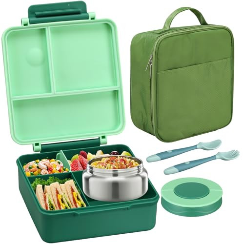 Bento Lunch Box for Kids with 8oz Soup Thermo&Lunch Bag, Leak-Proof Lunch Food Containers with 4 Compartment, Hot Food Insulated Food Jar for Kids School (Green) | Amazon (US)