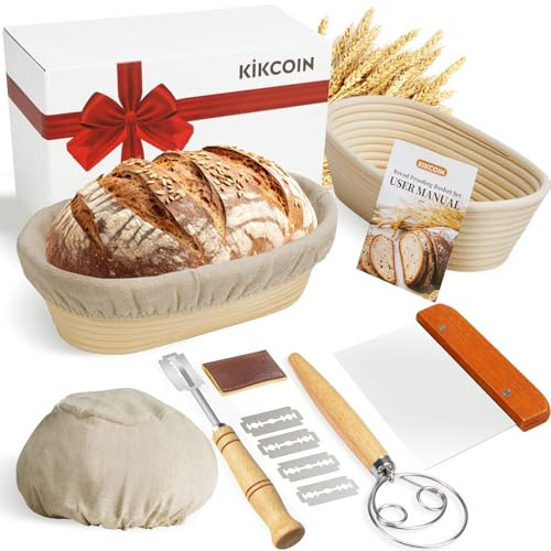KIKCOIN Banneton Bread Proofing Basket, 10 Inch Oval Sourdough Bread Baking Supplies, Sourdough Proofing Basket Set of 2, Sourdough Starter Kit with Bread Lame, Linen Liner, Metal Scraper, Dough Whisk | Amazon (US)