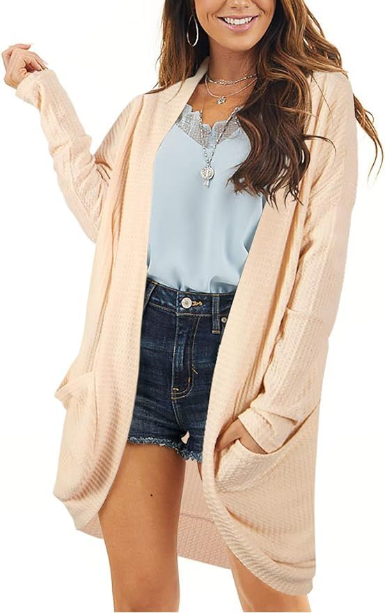 PINKMSTYLE Women Long Sleeve Open Front Cardigan Waffle Knit Outwear Sweater with Pockets | Amazon (US)