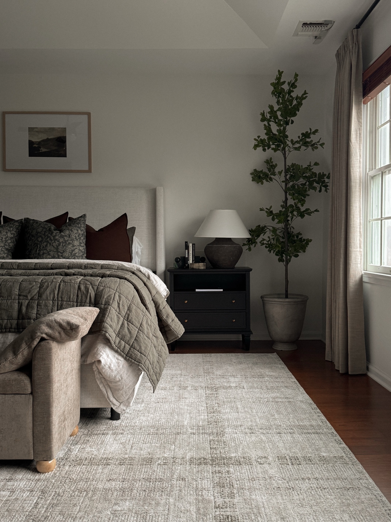 Bedroom decor, bedroom rug, bedroom curtains, photo olive tree, nightstand, charging nightstand, nightstand decor, bedding, Moody bedroom, bed bench


#LTKHome