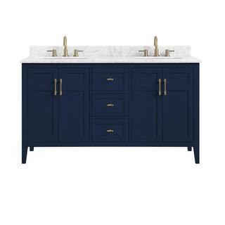 Home Decorators Collection Sturgess 61 in. W x 22 in. D Bath Vanity in Navy Blue with Marble Vani... | The Home Depot