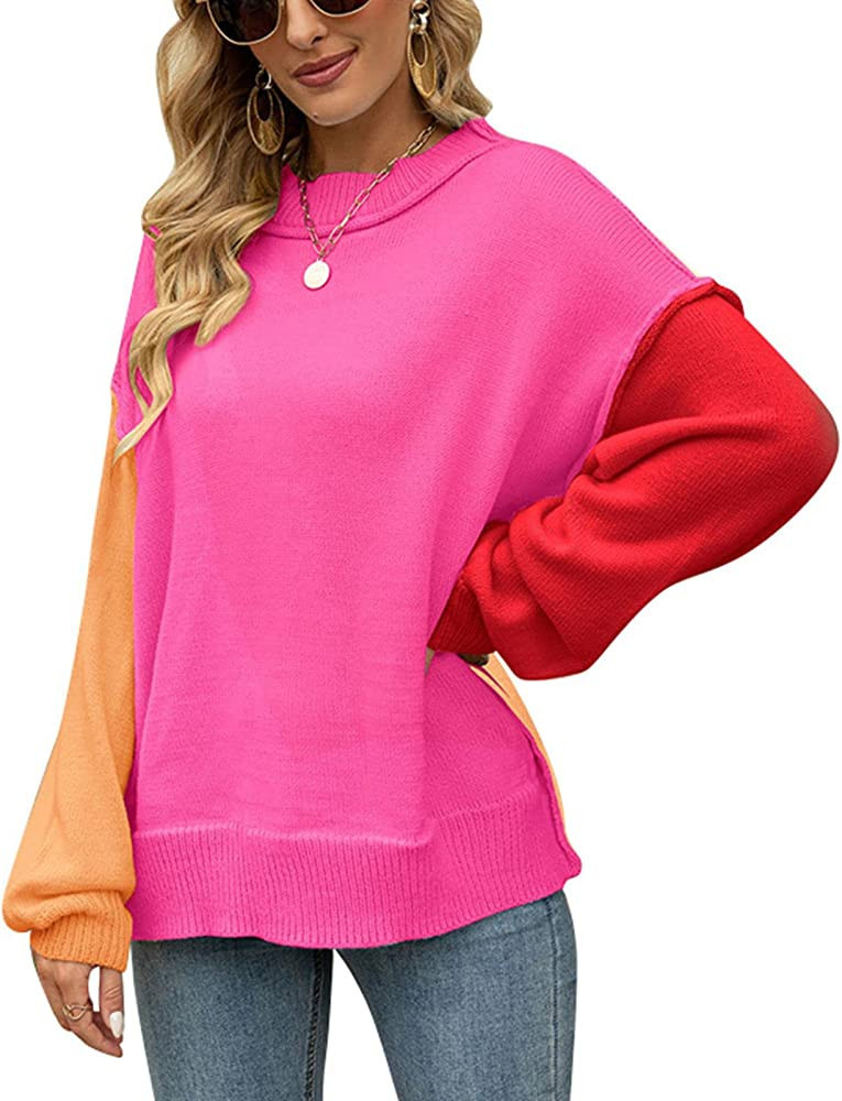 Women Color Block Sweater Round Neck Long Sleeve Loose Pullover Top for Autumn Winter | Amazon (US)