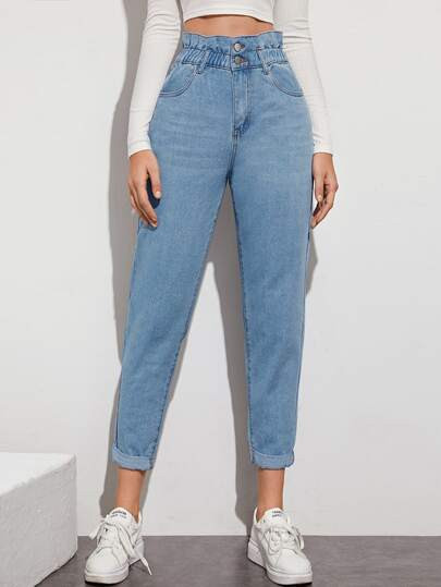 Light Wash High-Waisted Paperbag Waist Jeans | SHEIN