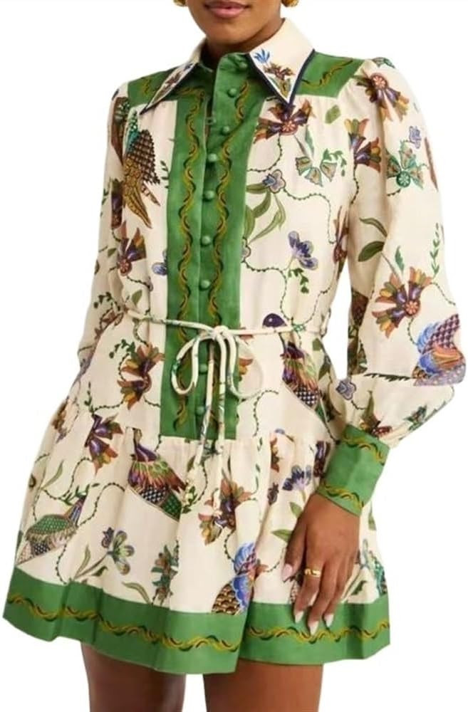 Women's Single Breasted Long Lantern Sleeve Graffiti Print Tie Up Waist Short Dress | Amazon (US)