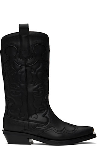 GANNI - Black Mid Shaft Embroidered Western Boots | SSENSE
