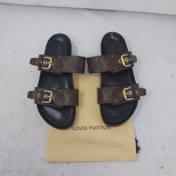 Louis Vuitton Brown Buckle Bom Dia Monogram Flat Slide Sandal | Poshmark