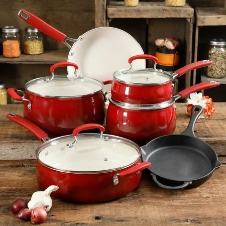 The Pioneer Woman Classic Belly 10 Piece Ceramic Non-stick and Cast Iron Cookware Set, Red | Walmart (US)