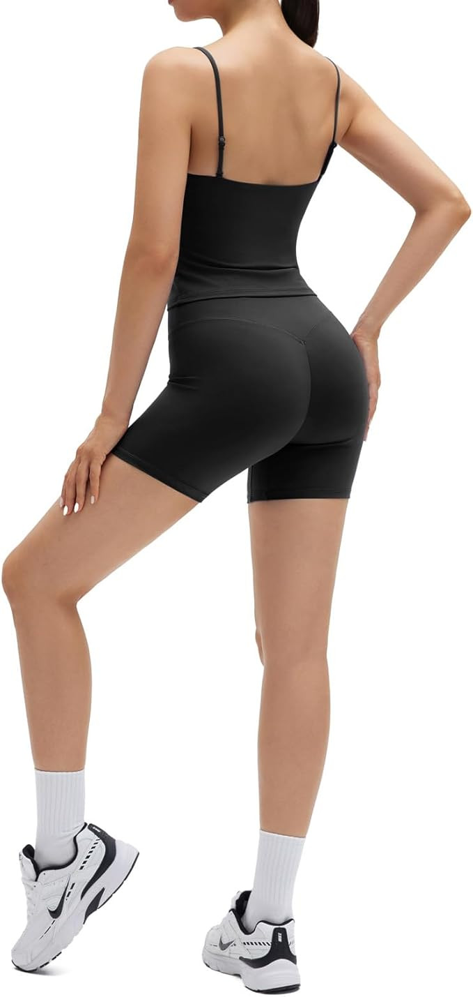 SUUKSESS Women 2 Pieces Workout Sets Padded Adjustable Straps Camis High Waist Biker Shorts | Amazon (US)