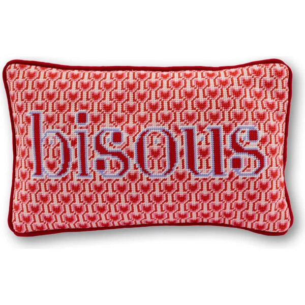 Bisous Needlepoint Pillow, Red | Maisonette