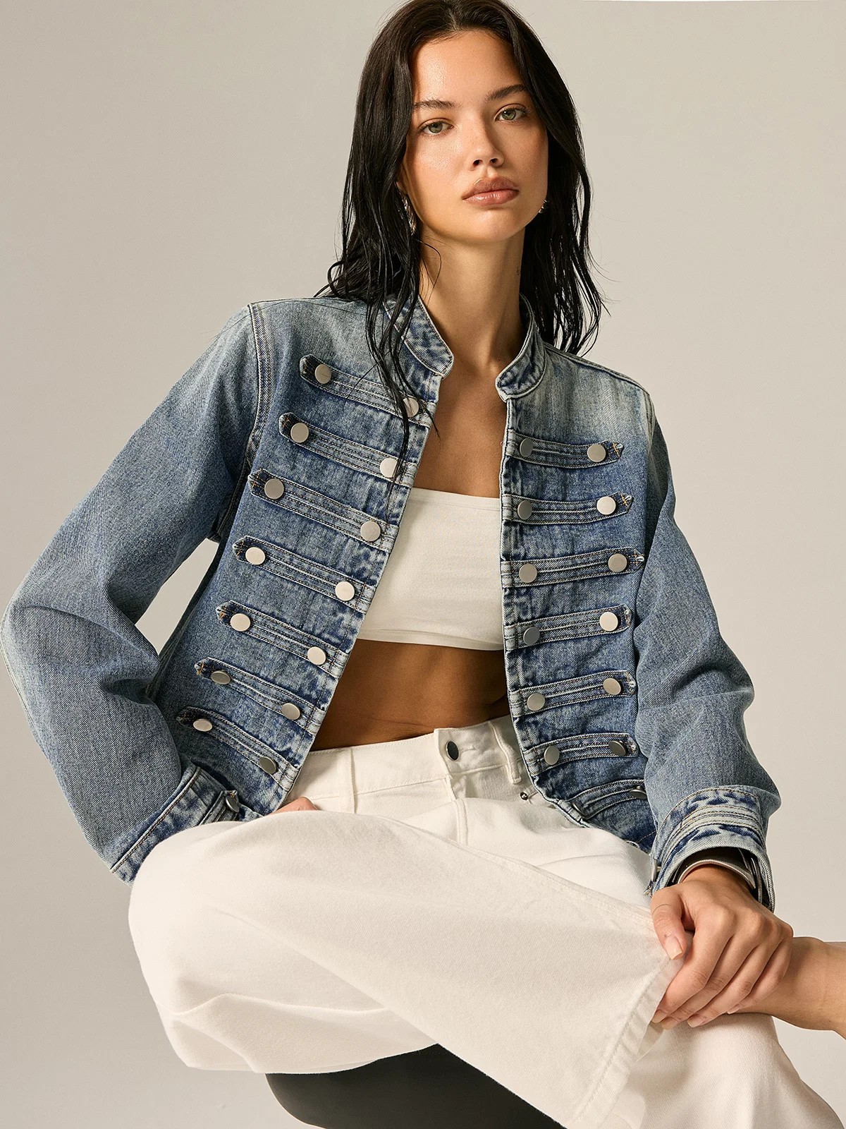 Napoleon Style Stand Collar Denim Jacket | Commense