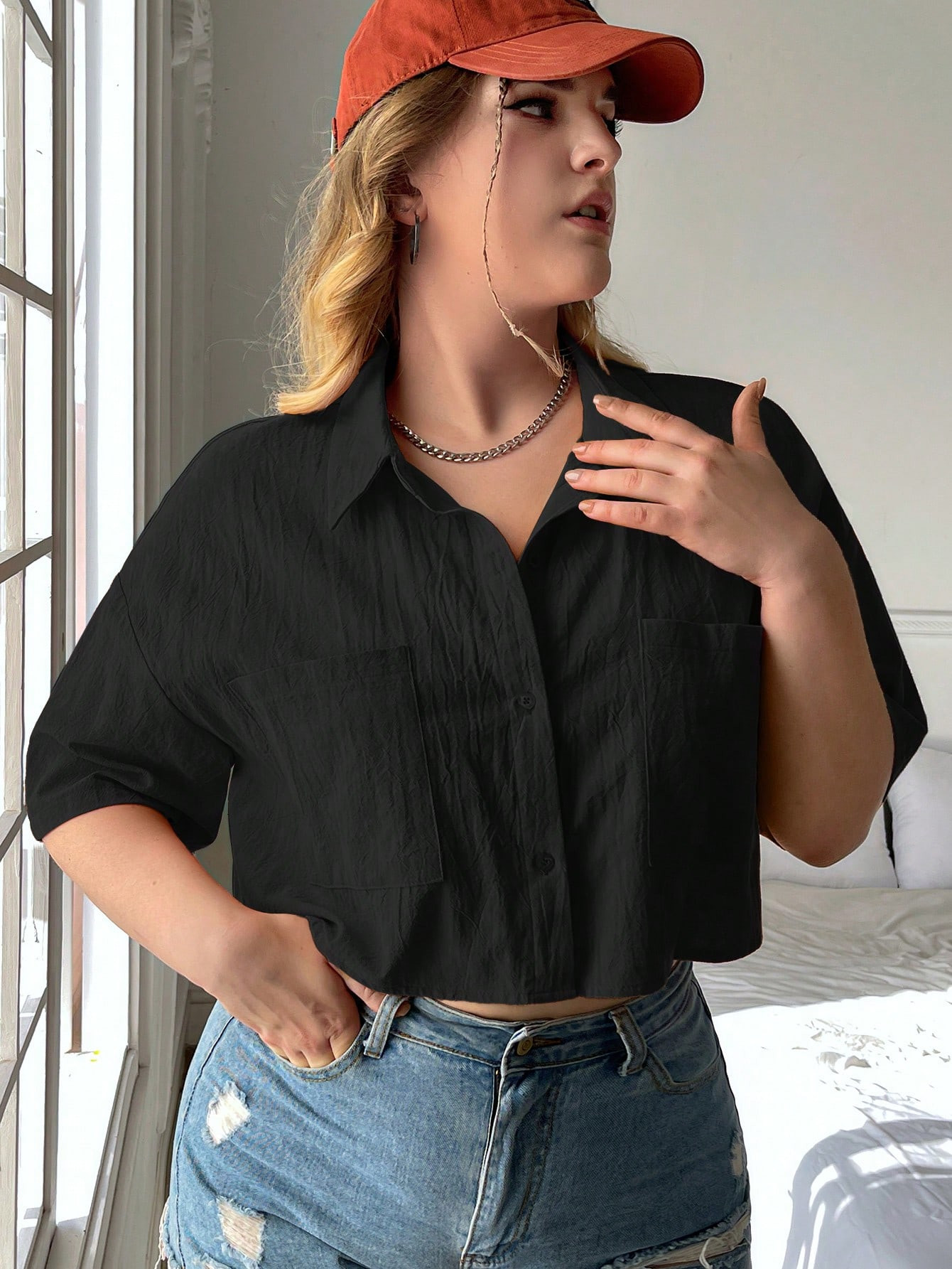 SHEIN EZwear Plus Drop Shoulder Pocket Patched Shirt | SHEIN