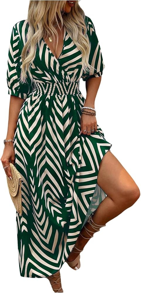 SweatyRocks Women's Summer Half Sleeve Wrap V Neck Smocked A Line Midi Dress | Amazon (US)