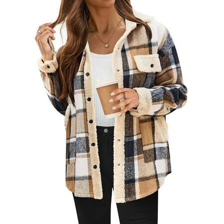 Womens Flannel Plaid Shirts Fashion Sherpa Lined Flannel Jackets Button Up Fleece Hooded Warm Outwear Coat with Pockets Brown L | Walmart (US)