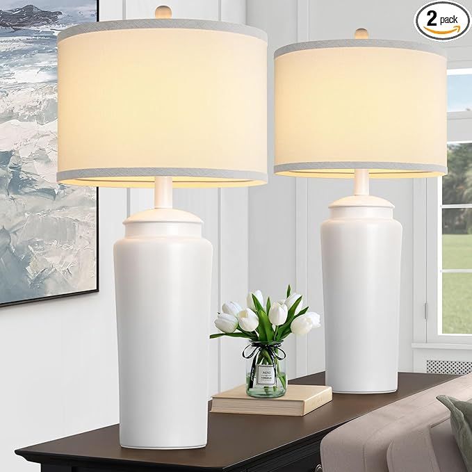 26’’ Ceramic Table Lamps Set of 2, Farmhouse White Bedside Lamps, Modern Bedroom Table Lamps ... | Amazon (US)