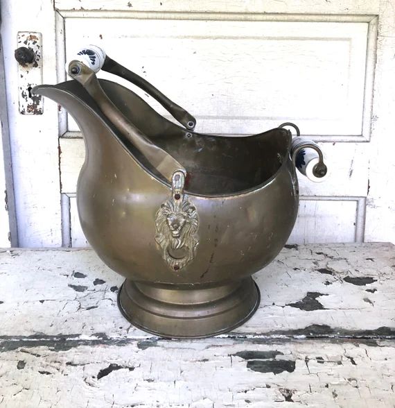 Vintage Large Brass Coal Bucket/Ash Scuttle Bucket Delft Handle | Etsy (US)