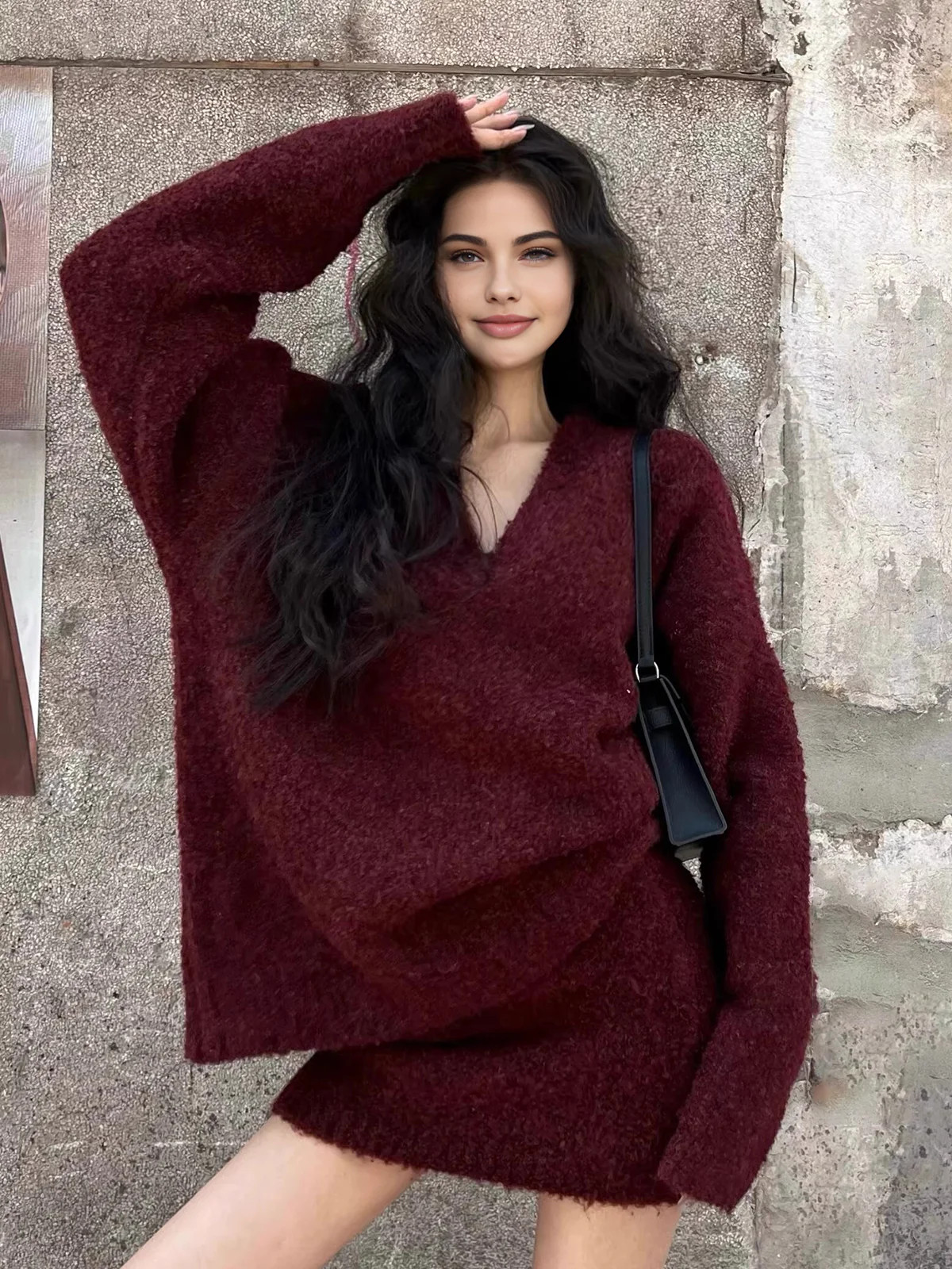 V-Neck Minky Sweater Skirt Set | Commense