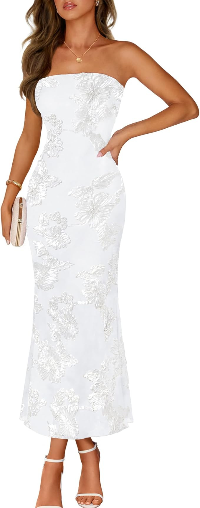 MEROKEETY Women's Floral Strapless Maxi Dress 2026 Summer Mesh Tube Bodycon Formal Wedding Guest ... | Amazon (US)