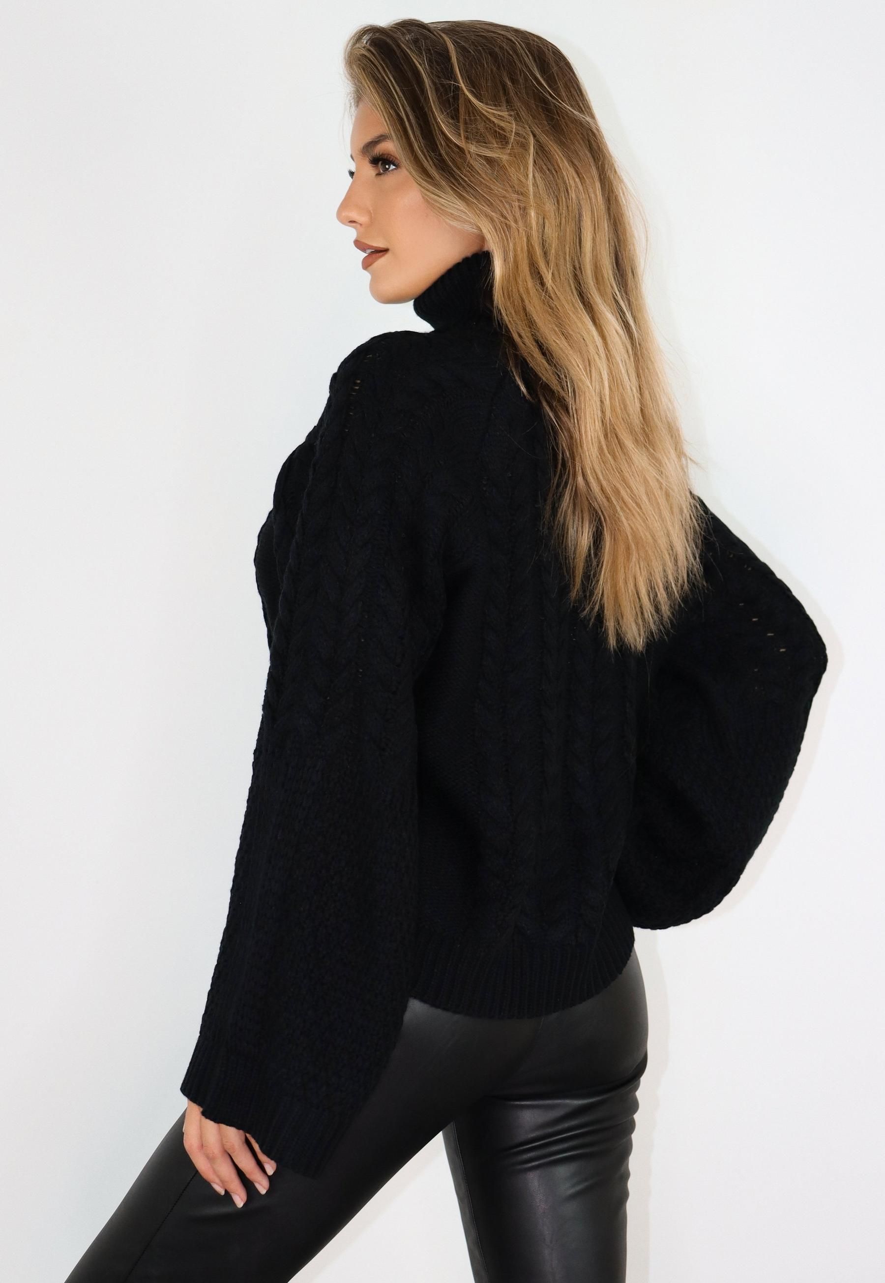 Black Wide Sleeve Cable Knit Roll Neck Jumper | Missguided (UK & IE)