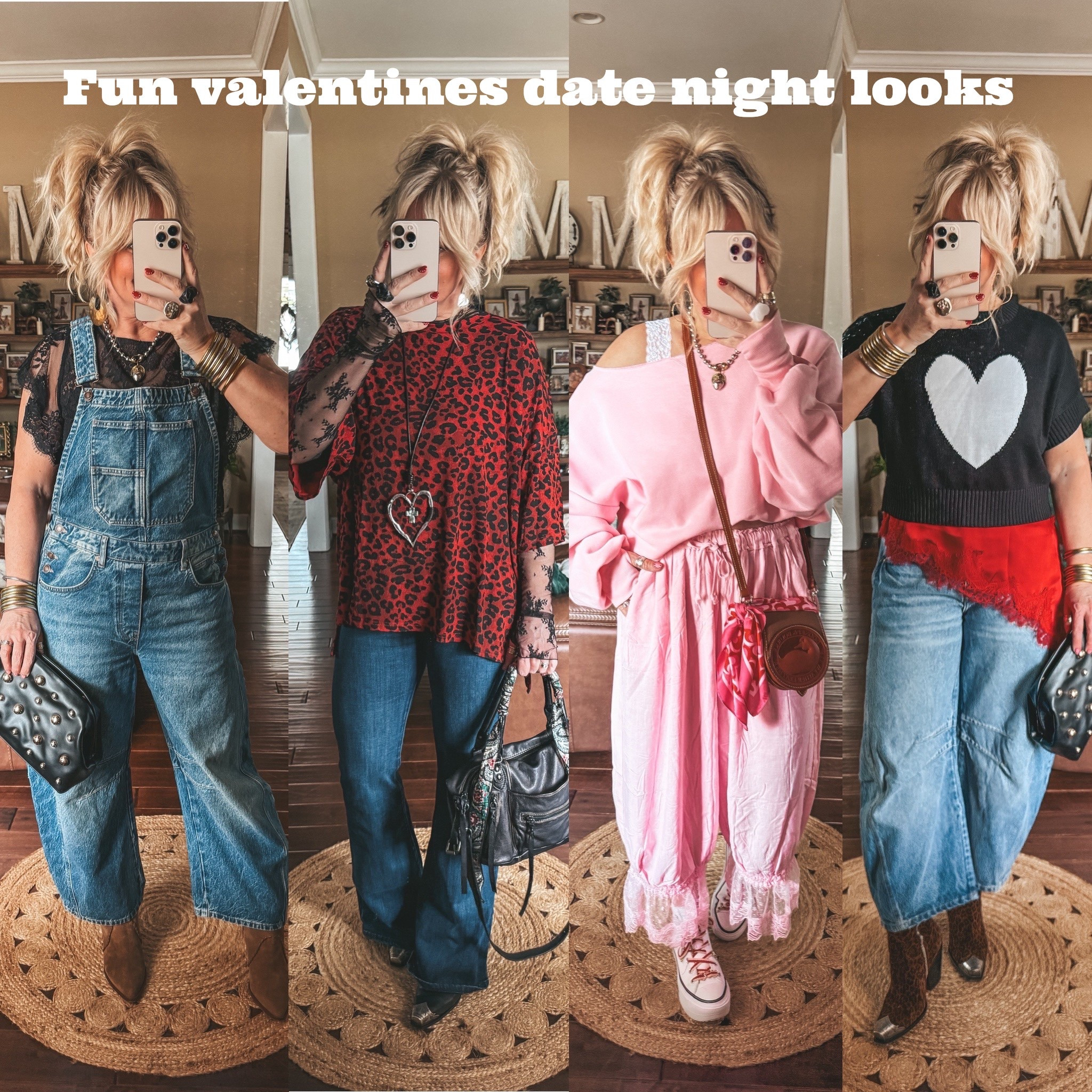 These are fun Valentines Looks! Definitely different ideas for whatever your plans. 
Overalls M
Lace top underneath M
Boots true to size 

Black mesh top M
Leopard top M
Jeans true to size 
Boots true to size 

Pink off shoulder sweatshirt M
Pink Pants M
Converse sized down 

Heart sweater M
Silk Lace asymmetrical top M
Jeans sized down 
Boots true to size 


#LTKValentine #LTKOver40