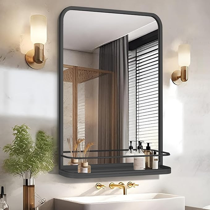 Bathroom Mirror with Shelf for Shaving, 15.7x23.6 Inch Wall-Mounted Rectangle Metal Mirror with S... | Amazon (US)