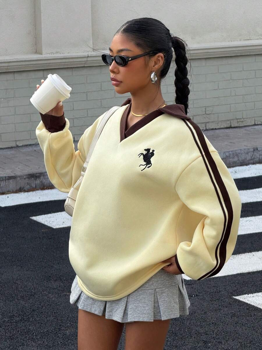 Muchica Women's Autumn/Winter Thermal-Lined Contrast Color Ribbon Embroidered Loose Polo Neck Swe... | SHEIN