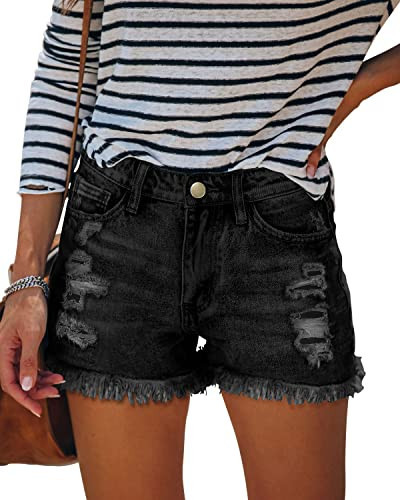 Black Jean Shorts for Women Cut Off Denim Shorts Distressed Jean Shorts Boyfriend Mid Rise Jeans Black XL | Amazon (US)