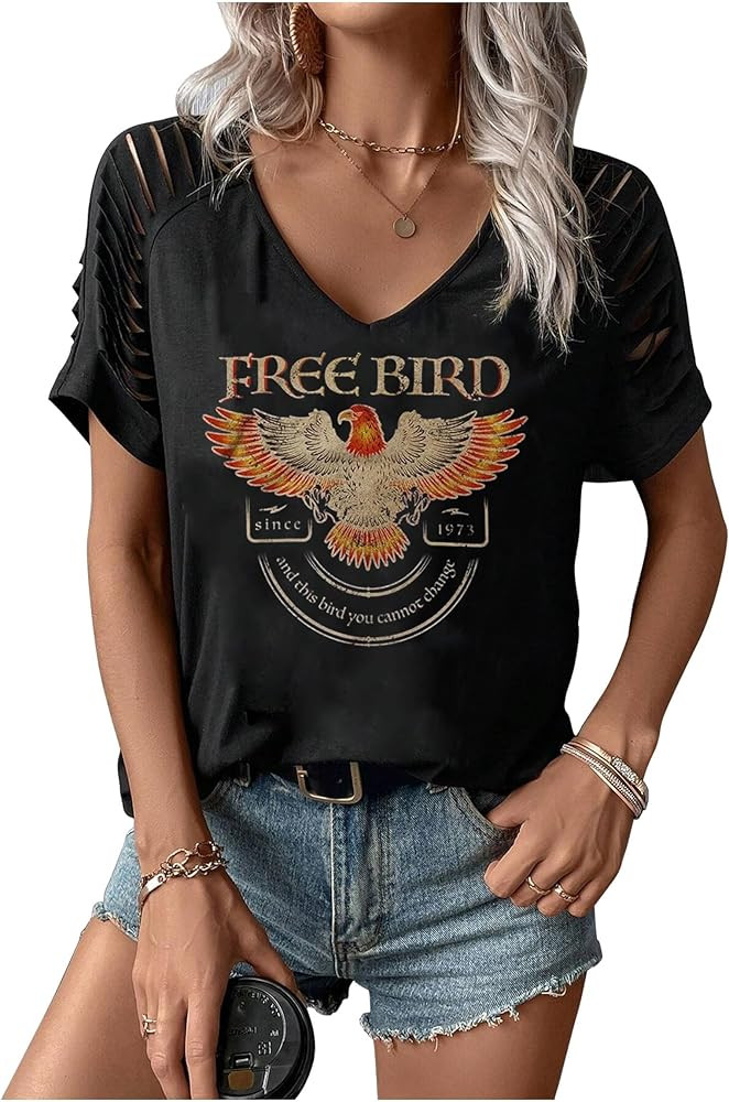 Rock Band T-Shirt for Women V-Neck Country Music Short Sleeved Shirt Retro Nashville Guitar Graph... | Amazon (US)
