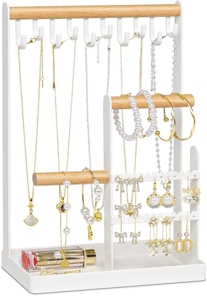 metwoods Jewelry Organizer Stand with Earring Tray and 10 Hooks - 4 Tier Necklace Holder Display ... | Amazon (US)