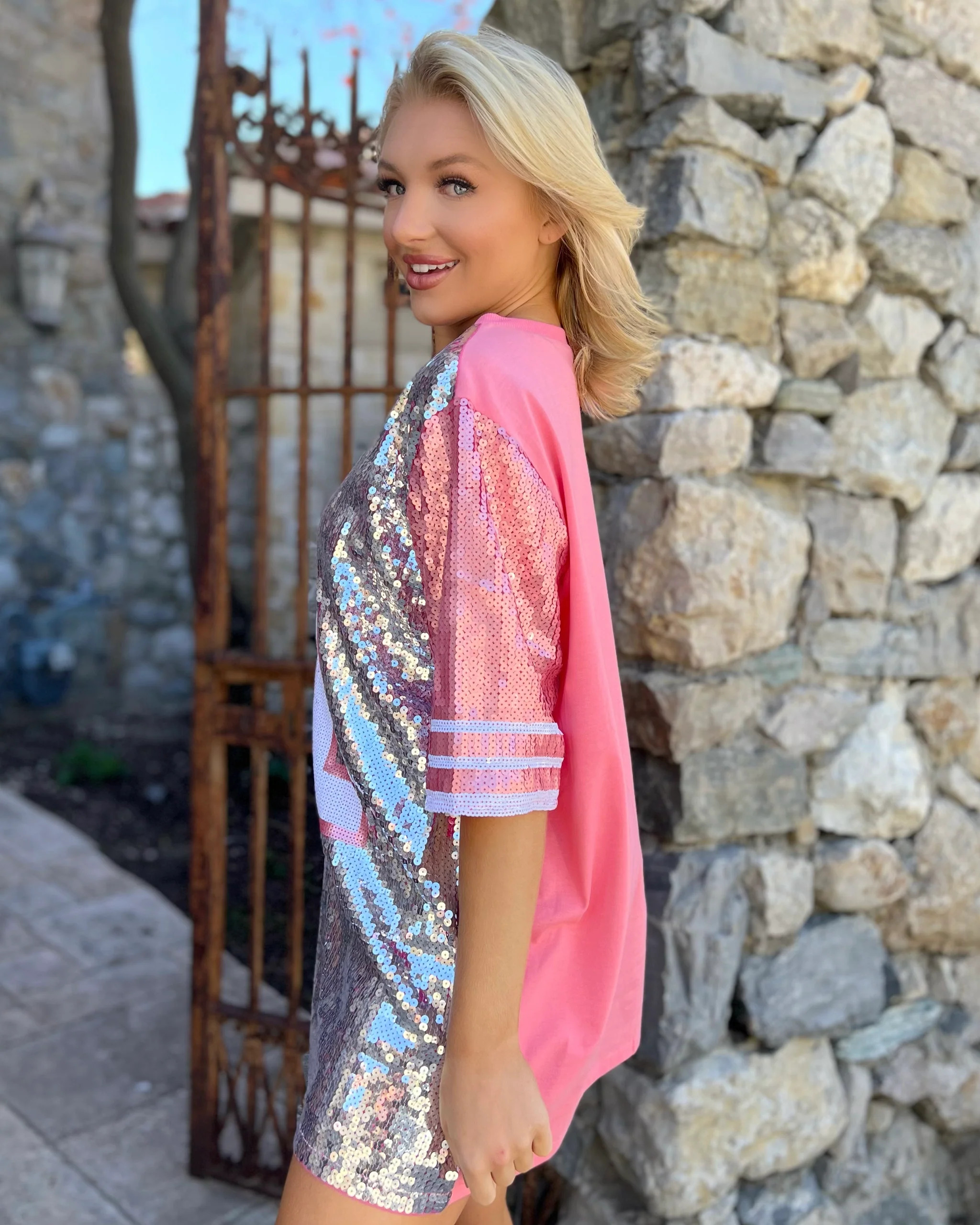 “1” Pink Sequin Jersey Dress/Tunic/Top | Live Love Gameday®