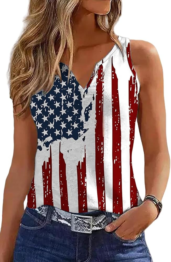Ovazly Women 4th of July V-Neck Tank Tops American Flag Print Vest USA Flag Sleeveless Tee Patrio... | Amazon (US)