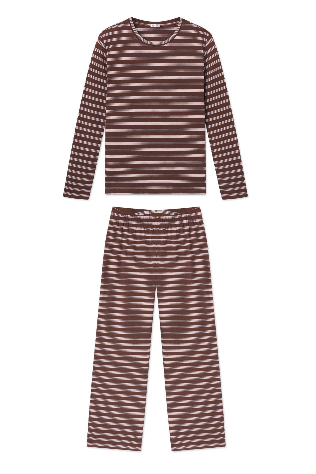 Pima Crew Long-Long Set in Cocoa Triple Stripe | Lake Pajamas