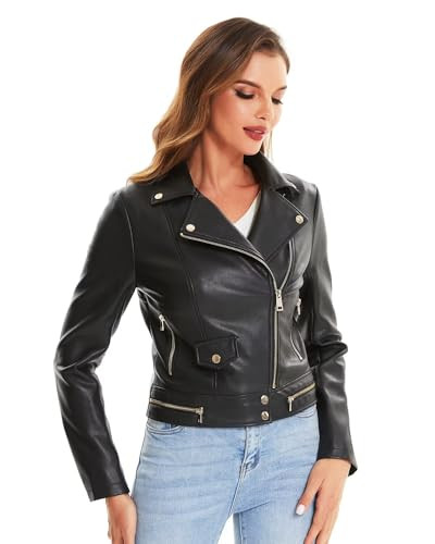 DIASHINY Faux Leather Motocycle Jacket For Women Moto Biker PU Slim Zip Up Coat Crop Jacket 022 Black M | Amazon (US)