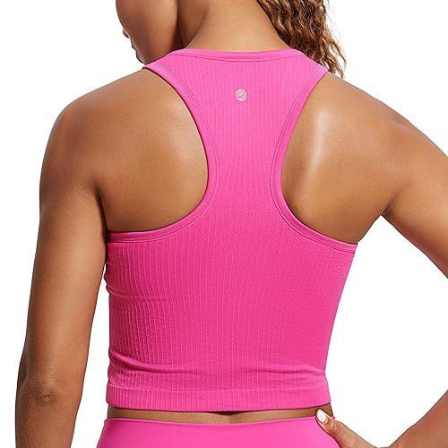 CRZ YOGA Womens Seamless Ribbed Longline High Neck Sports Bra - Racerback Padded Slim Fit Crop Tank Top with Built in Pads Hibiscus Purple X-Small | Amazon (US)