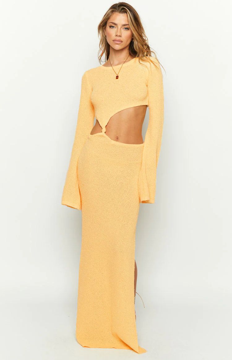 Arya Yellow Long Sleeve Knit Maxi Dress | Beginning Boutique (US)