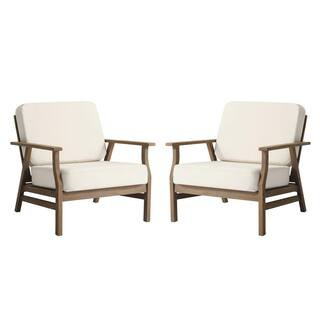 Brown Acacia Wood Outdoor Patio Lounge Chairs with Oxford Beige Cushions (Set of 2) | The Home Depot