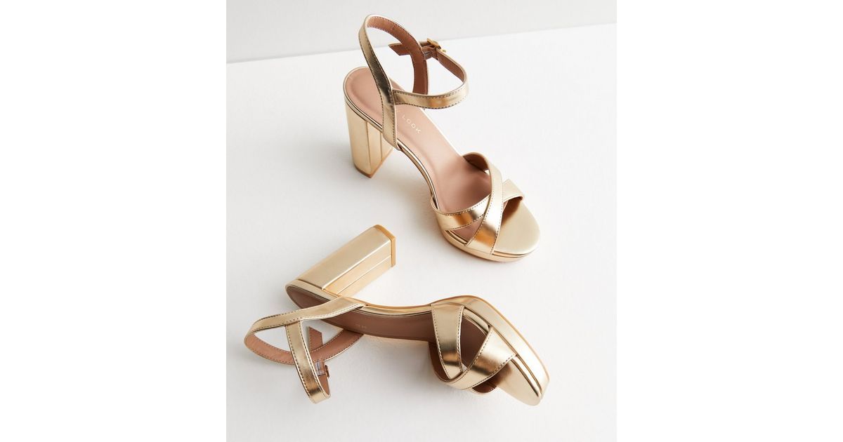 Gold 2 Part Cross Over Platform Block Heel Sandals | New Look | New Look (UK)