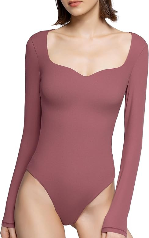 PUMIEY Women's Sweetheart Neck Long Sleeve Bodysuit Slimming Body Suit Going Out Tops Smoke Cloud... | Amazon (US)