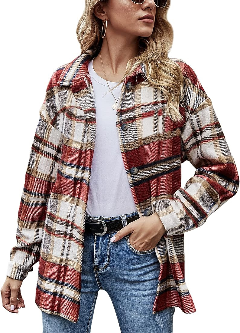 Yeokou Women's Fall Color Block Plaid Flannel Shacket Jacket Button Down Shirt Coat Tops | Amazon (US)