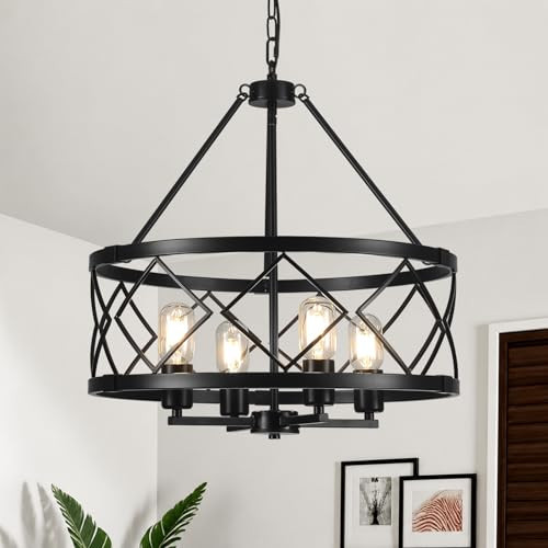 LJHhowe 18'' Farmhouse Chandeliers for Dining Room, 4-Light Black Rustic Chandelier Foyer Lighting Fixtures, Modern Drum Chandelier Hanging Light Fixture for Kitchen Entryway Bedroom Living Room | Amazon (US)