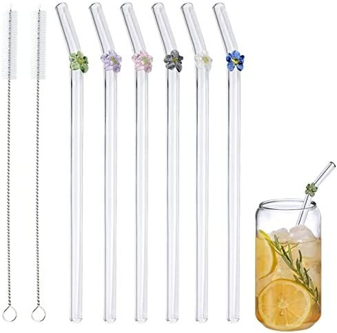 Reusable Glass Straw with Flower ,Colorful Shatter Resistant Bend Straws Cocktails Bar Accessorie... | Amazon (US)