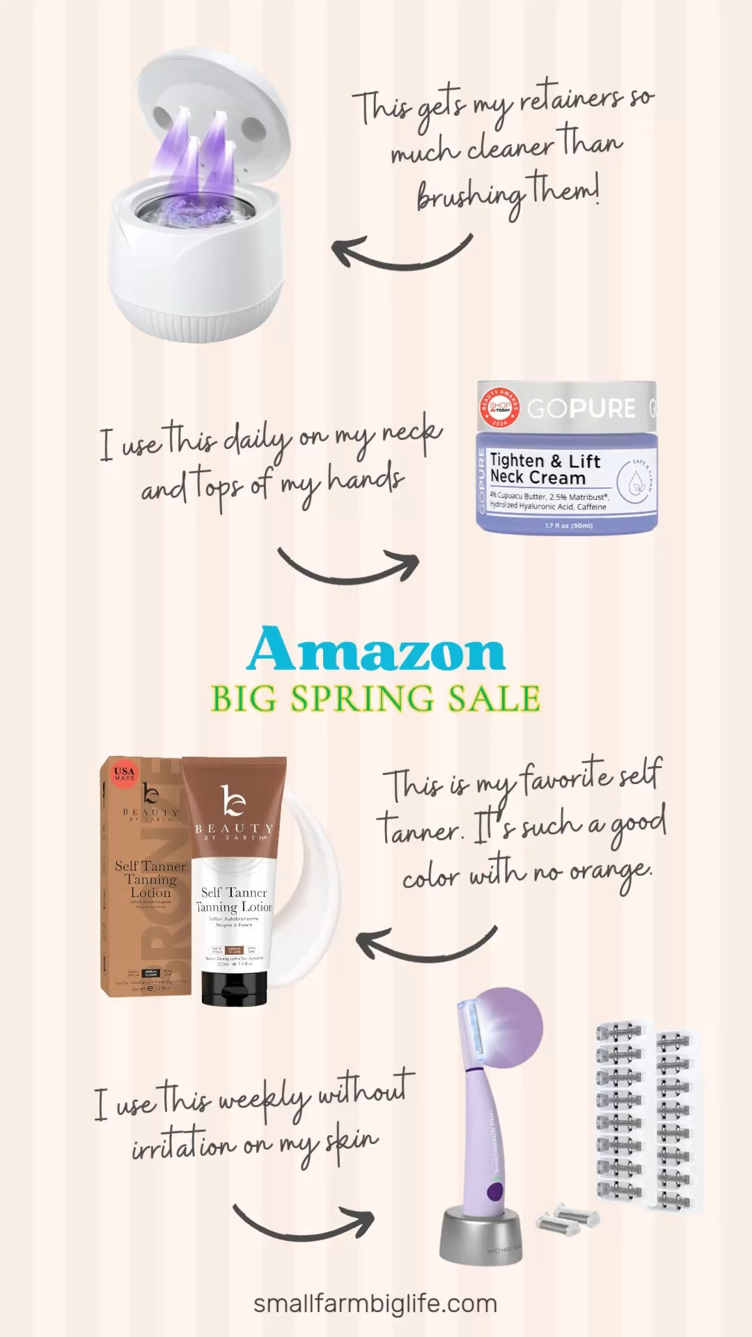 A few more of my personal favorites that are part of the Amazon Big Spring Sale right now and worth grabbing before it ends March 31 🌿✨ The goPure Tighten and Lift Neck and Chest Cream is something I use every single night. I put it on my neck and also on the tops of my hands because that is an area so many of us forget about. The Dental Ultrasonic Retainer Cleaner Machine is what I use every day to clean my retainer and it works so much better than anything else I have tried. The Beauty by Earth Self Tanner is my absolute favorite self tanner! It looks really natural, the smell is minimal compared to most self tanners, and the result is so good. And the Michael Todd Beauty Sonicsmooth Pro+ Dermaplane Razor is my go to for shaving and dermaplaning my face. It does not irritate my skin at all and I never get any cuts with it which is amazing. These are all products I genuinely use and love and they are all on sale right now. Everything is linked! 🛒 

 #LTKOver40 #LTKSaleAlert #LTKBeauty