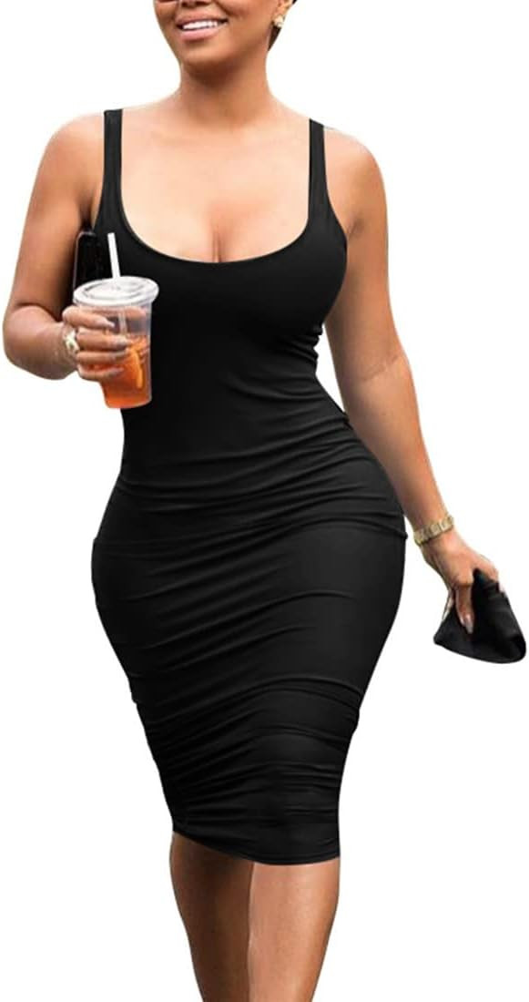 Mokoru Women's Casual Basic Pencil Tank Dress Sexy Sleeveless Bodycon Midi Club Dress | Amazon (US)