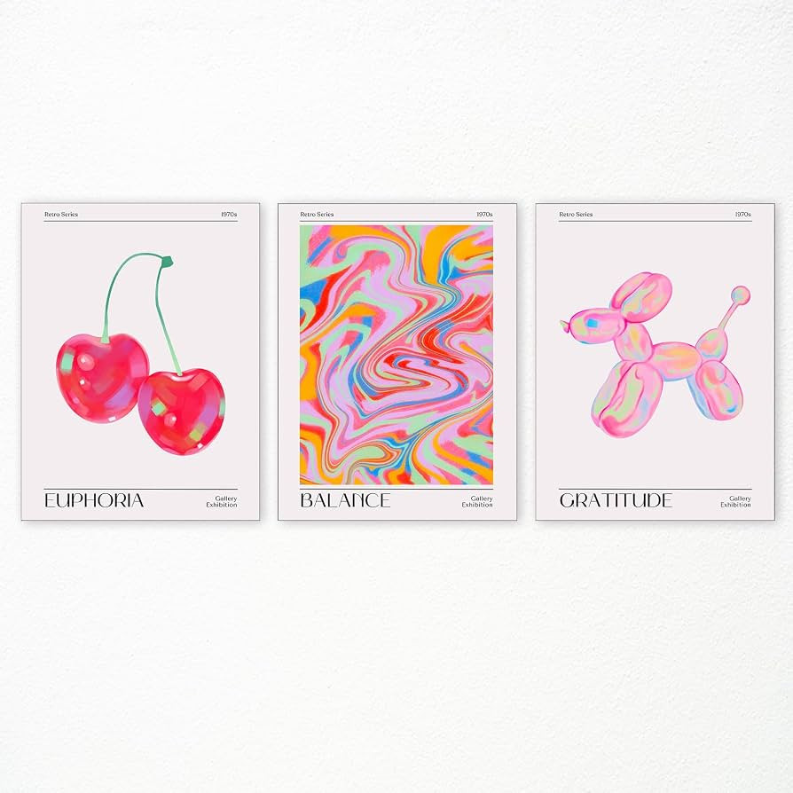 WOFUPMY Pink Cute Balloon Dog Posters Retro Preppy Cherry Canvas Wall Art Set of 3 Funky Euphoria... | Amazon (US)