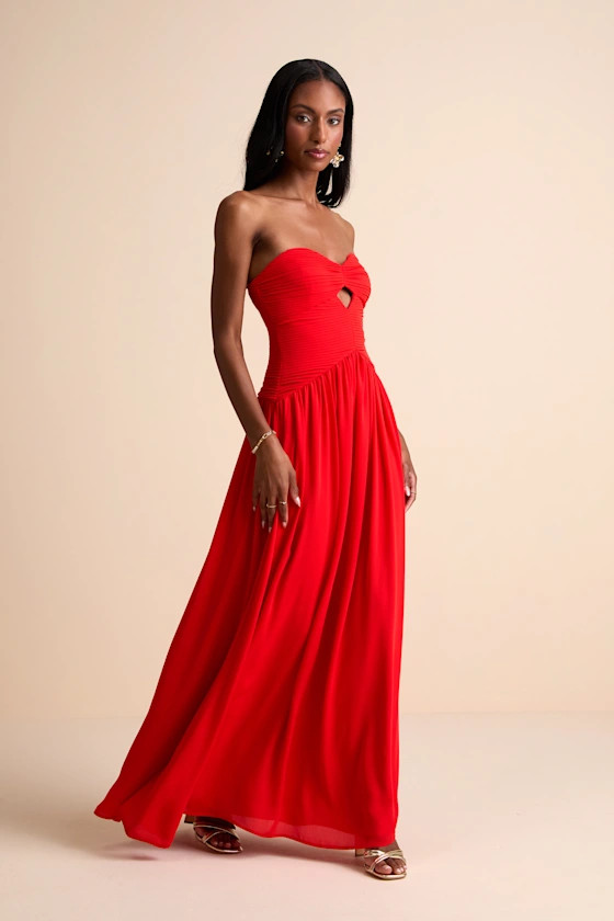 Rozala Bright Red Pleated Strapless Maxi Dress | Lulus