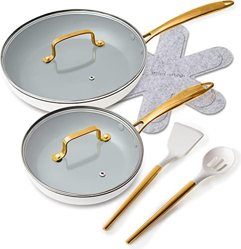 Non stick Frying Pan Set-8PC Gold & White Pan Set with Lids, Non Toxic, Oven Safe, Induction Safe... | Amazon (US)