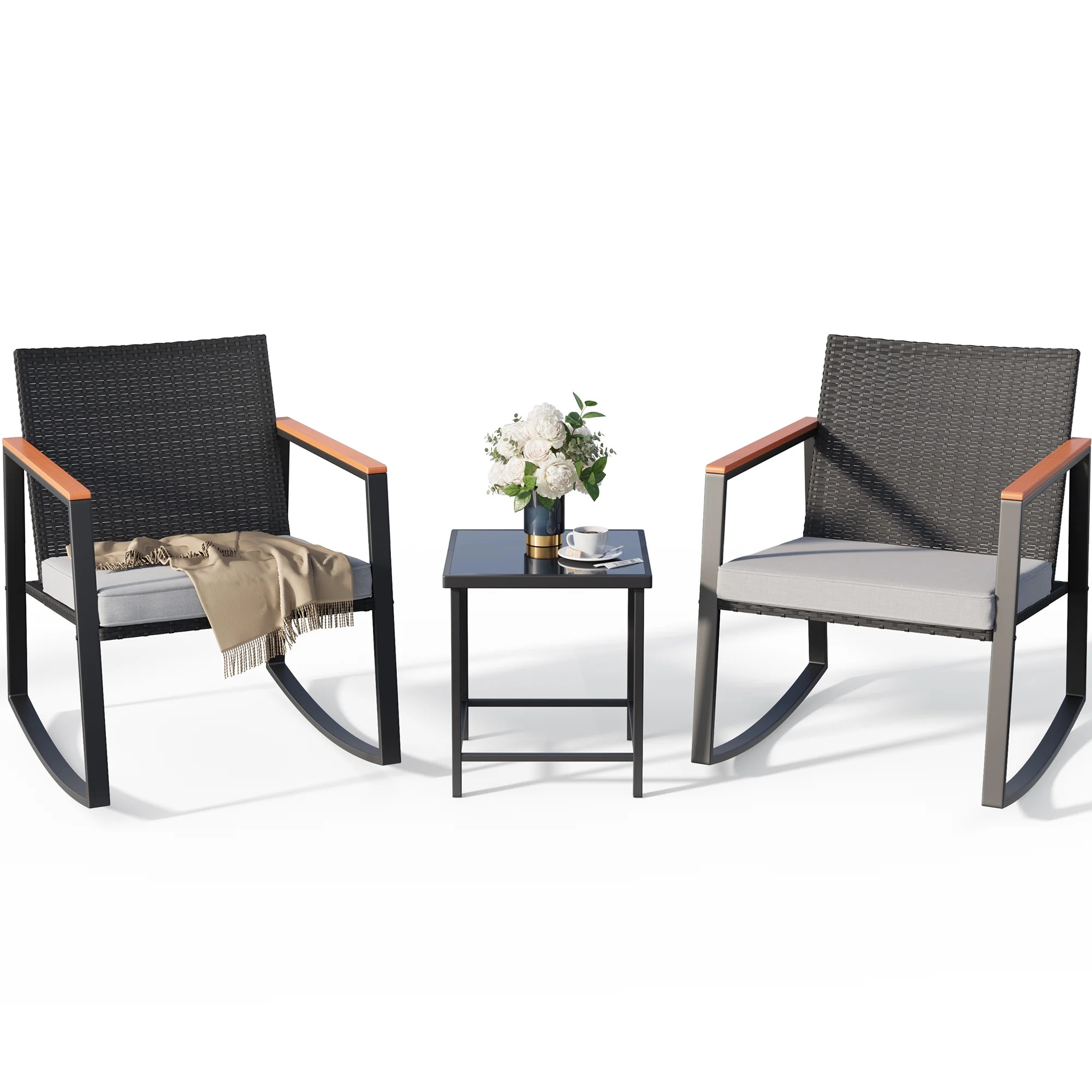 Lofka 3 Pieces Patio Rocking Chairs Set Porch and Balcony Furniture Set with Glass Coffee Table Blue Cushion | Walmart (US)