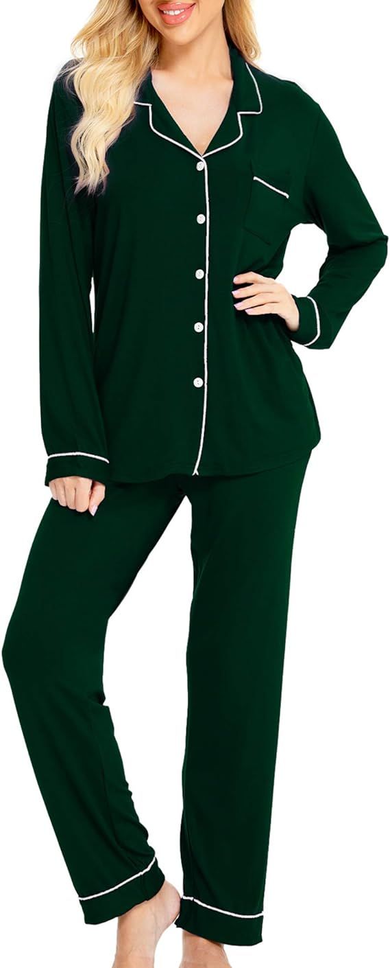 SWOMOG Womens Pajamas Set Long Sleeve Sleepwear Button Down Nightwear Soft Pj Lounge Sets | Amazon (US)