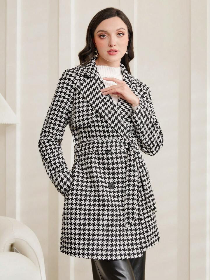 SHEIN Mulvari Houndstooth Pattern Double Breasted Coat With Waist Belt | SHEIN