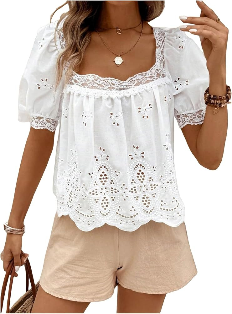 SweatyRocks Women's Square Neck Puff Sleeve Eyelet Lace Hollow Out Embroidered Top Blouse | Amazon (US)